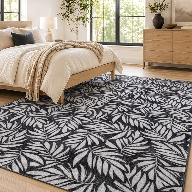 Tapis d'intérieur antidérapant lavable à la machine, motif feuilles de palmier et charbon de bois, Gris anthracite