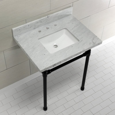 Kingston Brass Dreyfuss 30-Inch Carrara Marble Vanity Top with Stainless Steel Legs (8-Inch, 3-Hole)