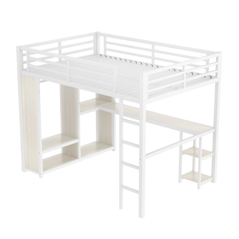 Queen Loft Bed with Wardrobe, Desk & Storage Shelves, Metal Frame with White Wood-Grain Finish