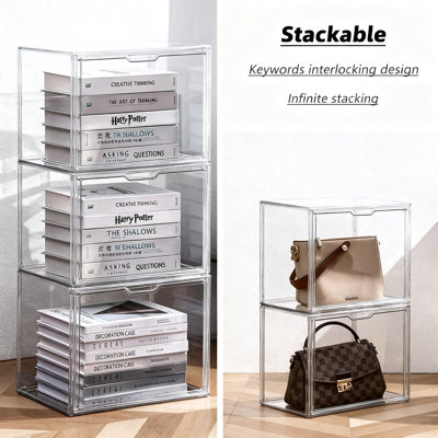 Acrylic Display Case, Clear Plastic Stackable Storage Bins With Magnetic Attraction Lid, Showcase For Cosmetics, Large Figures, Collectibles, 5 Pack (X-Large) (Clear)