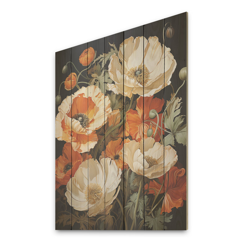 Champ de coquelicots jaunes et oranges - coquelicots sur bois, H 20 po x l 10 po