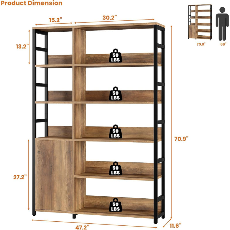5 Tier Bookshelf with Doors - 71.1" Industrial Display Standing Shelf Rak with Open Shelves & Metal Frame, Bookcase with Adjustable Shelf, Brown