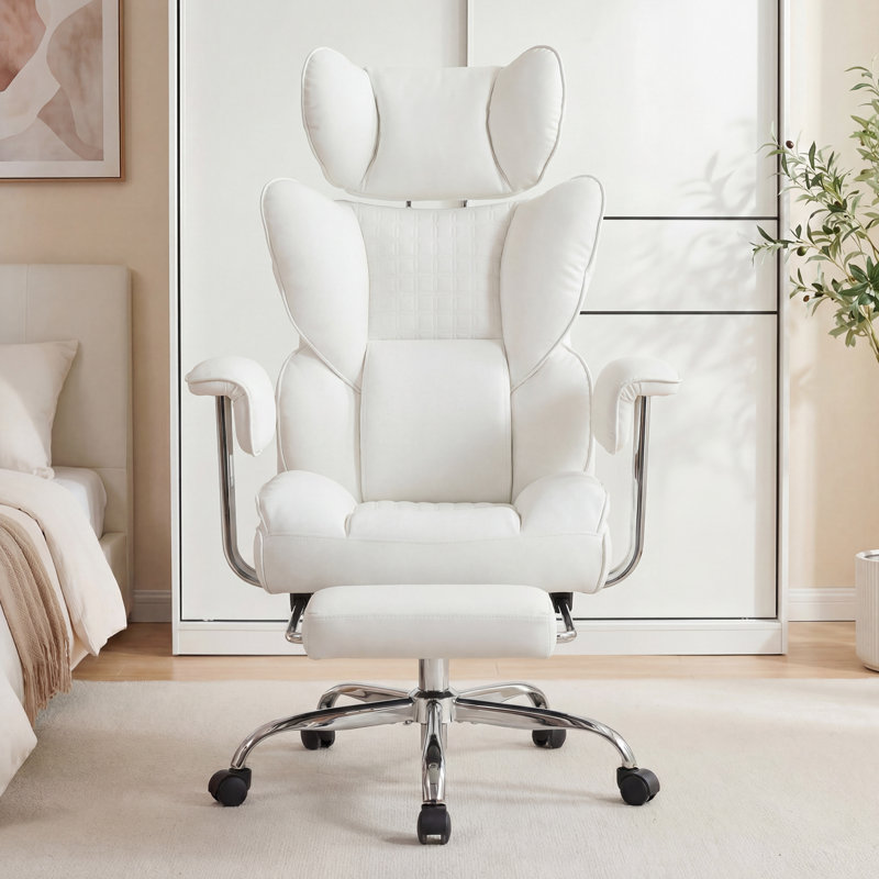 Ergonomic Executive Chair with Headrest, Padded Armrest and Footrest, White