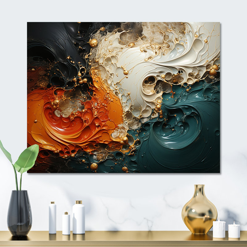 Orange orange et marbre doré II - Art mural abstrait en métal MT137150, H 24 po x l 32 po x P 1 po