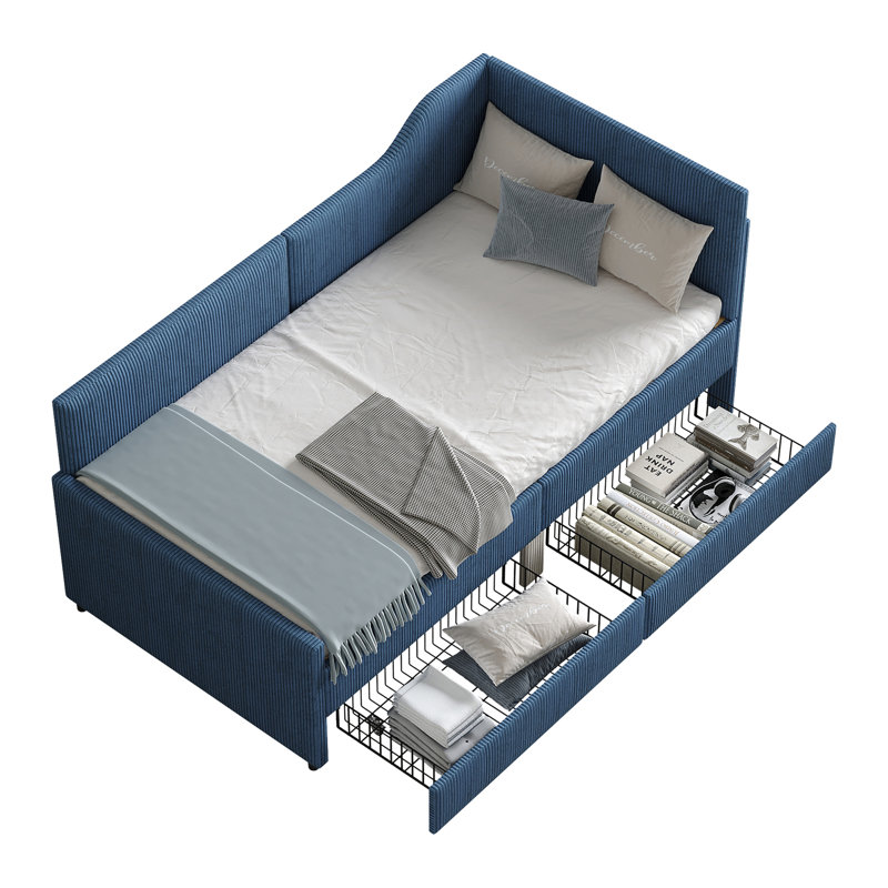 Twin Size L-Shaped Corduroy Daybed,Upholstered Bed Frame With  2 Storage Drawers,Blue, Blue