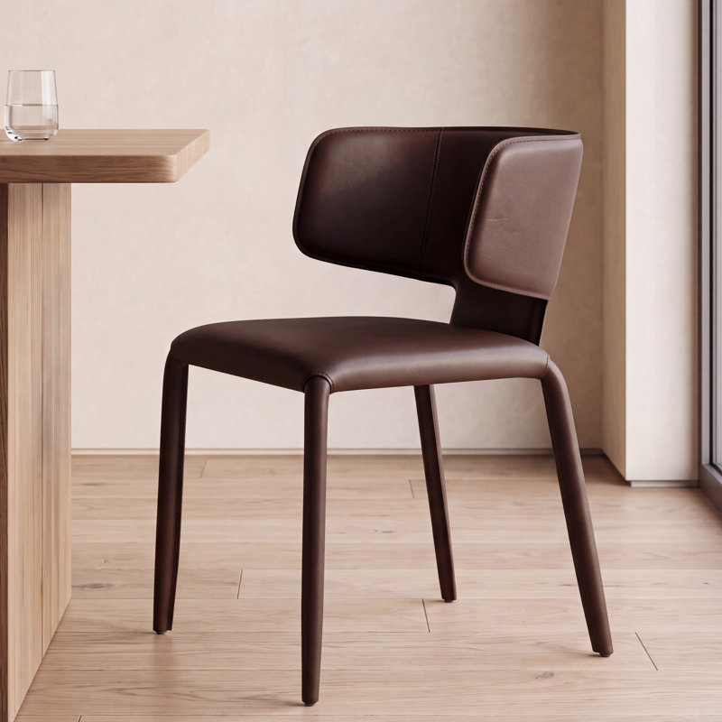Saddle Leather Dining Chair Upholstered Side Chair With Padded Seat, Wingback Vanity Chair With Metal Frame For Dining Living Room Vanity Office, Brown