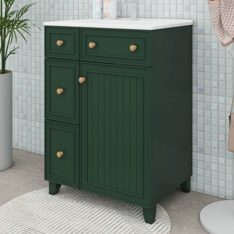 Meuble-lavabo 24 po avec lavabo en céramique, meuble-lavabo autoportant moderne avec porte à 2 tiroirs, Vert givré