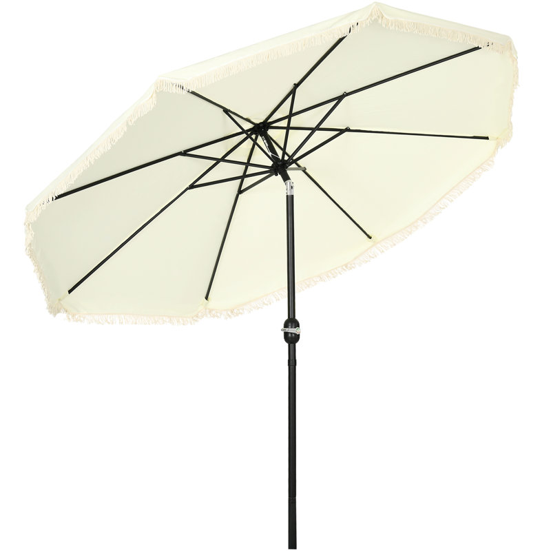 Parasol de patio blanc 9 pi, inclinaison et manivelle, identificateur de spécialité, plissé avec des pampilles, 8 baleines pour terrasse de jardin