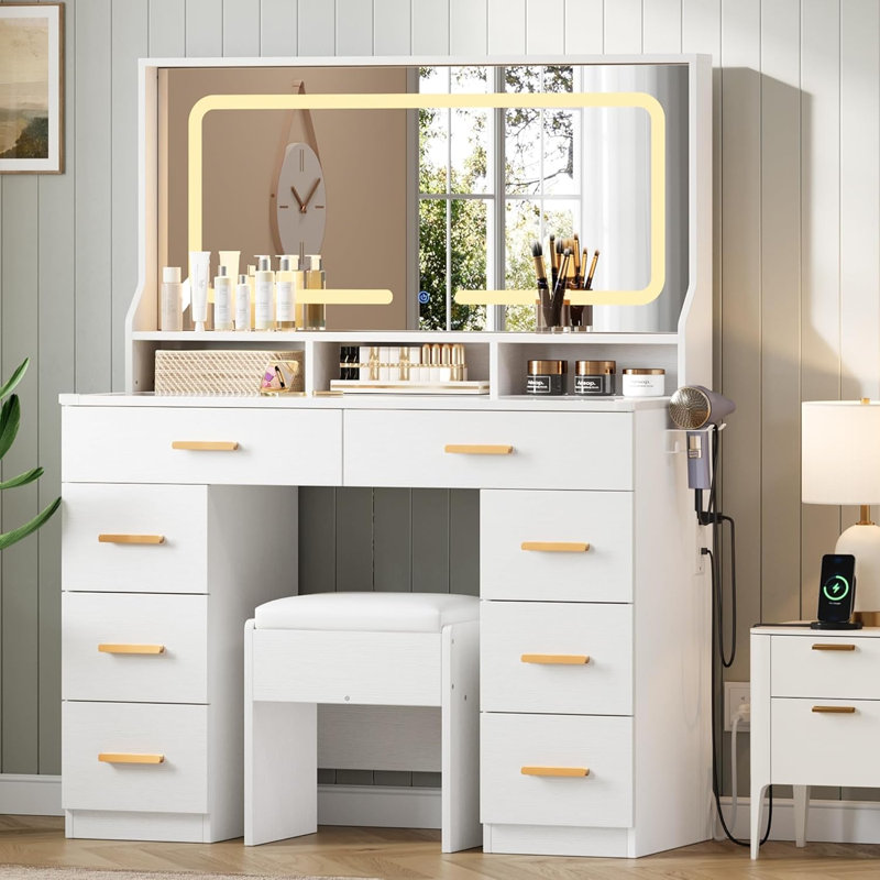 Makeup Vanity Desk Set with LED Mirror and Stool, Wood Frame with Glass Top, 8 Drawers, Built-In Power Outlets and USB Ports, Modern Style for Bedroom