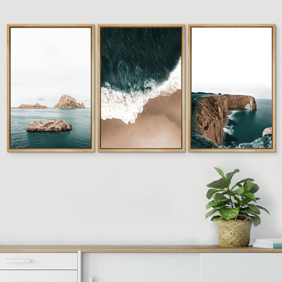 «Green Coastal Beach Ocean», reproduction d'art nautique encadrée sur toile, 3 pièces