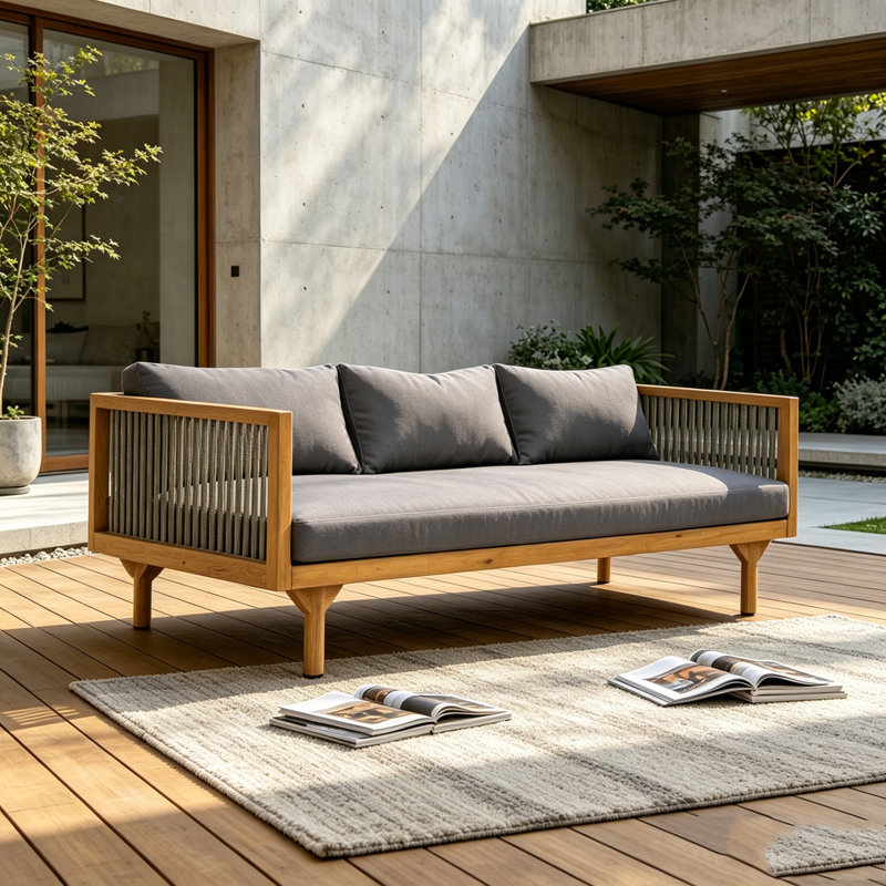 Outdoor Patio Sofa with Cushion, Grey+Teak