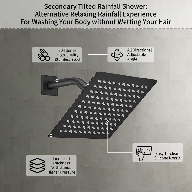 Système de douche noir mat avec robinet de douche 10 pouces et pomme de douche à pluie de 6 pouces avec douchette