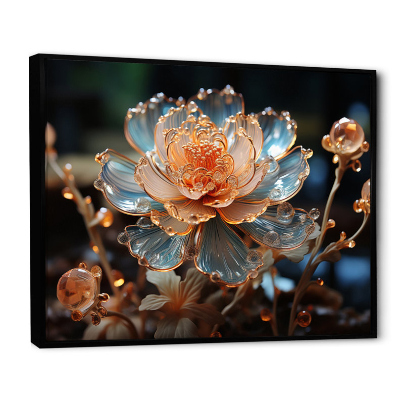 Fleur de pêche cristal I - art mural floral, Cadre flottant noir, H 12 po x l 20 po x P 1,5 po