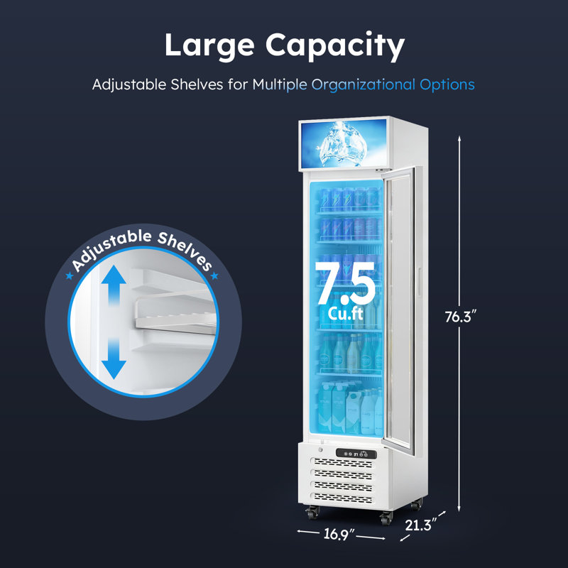 7,5 cu. Réfrigérateur commercial à porte en verre avec boîte à lumière DEL personnalisable