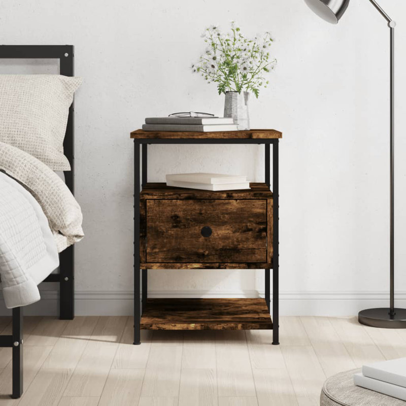 Agshin 40cm W Iron Bedside Table, Smoked Oak, Individual