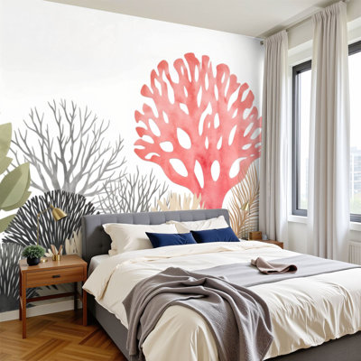 Coastal Peel and Stick Wallpaper Abstract Coral Reef Botanical Soft Neutral Tones Red Sea Fan Wall Murals 69"H x 96"W Removable PVC Wall Paper Self-Adhesive Wall Decor for Bathroom Kids Bedroom Living Room Home Nursery