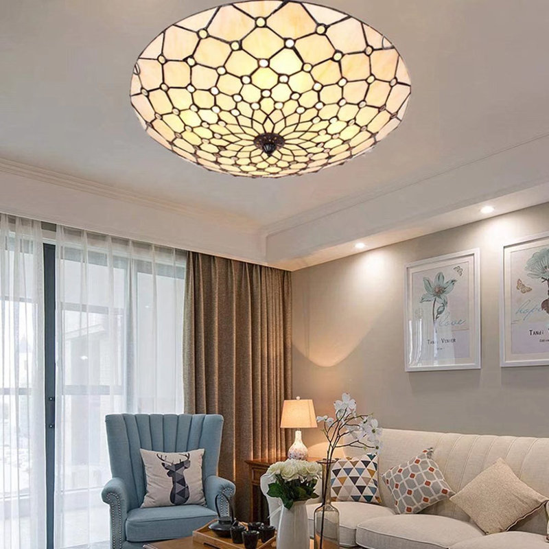 20" Vintage Flush Mount Lighting with Handmade Tiffany Lampshade