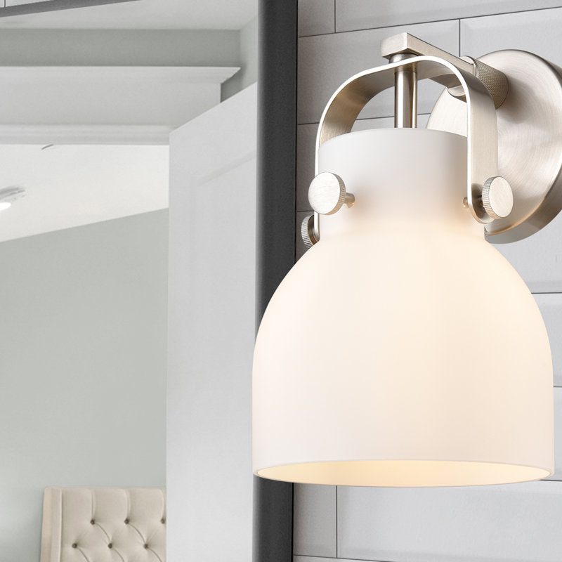Skycrest Armed Sconce, Matte White, Satin Nickel