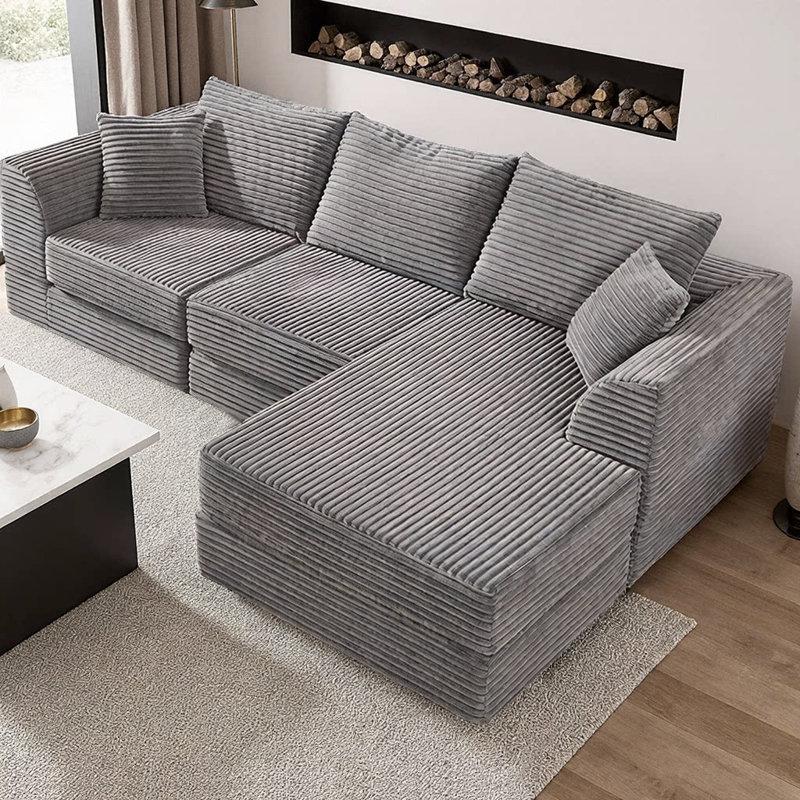 102" Modern L-Shaped Modular Cloud Sofa, 3-Seater with Reversible Chaise, Soft Corduroy Fabric, Frame-Free Design, No Assembly Required, Plush Memory Foam Cushions