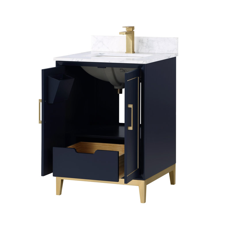 Gracie 24'' Single Bathroom Vanity with Top, Carrara Marble/Single Faucet Mount, Pacific Blue