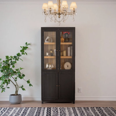 Vitrine 74,5 po H Mid-Century moderne en bois de frêne avec portes en verre, tablettes réglables pour les couloirs, le salon, la cuisine et le bureau - noir