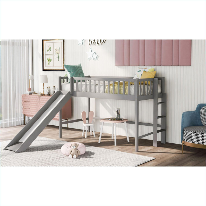 Small Space Bedroom Classic Gray Pine Solid Wood Twin Low Loft Bed Frame with Slide and Ladder, Gray