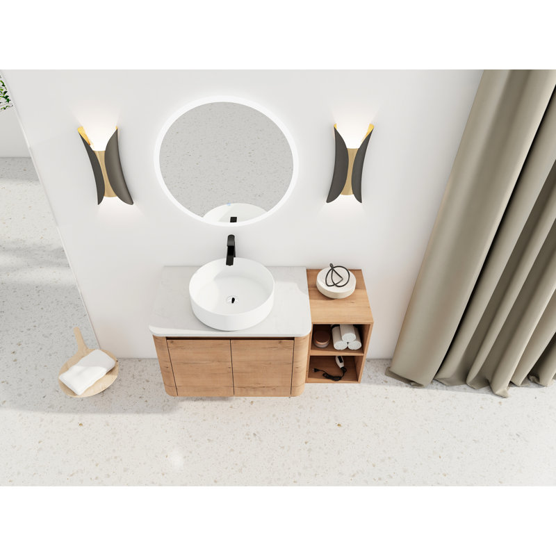 Meuble-lavabo de 42 po pour la salle de bain, lavabo d'art en céramique, 1 tablette de rangement, 2 portes à fermeture en douceur, dalle de pierre blanche