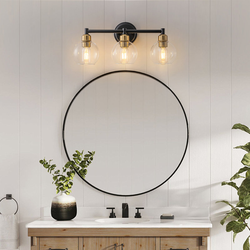 3-Light Dimmable Clear Glass Globe Vanity Light, Matte Black/Gold