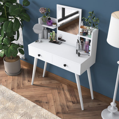 Modern Make-Up Table with Mirror, White, 40.6 x 44.0 x 15.7 inches | 100% Melamine Coated E1 Quality Chipboard, Thickness: 0.7 inches | Wall-Mountable, Scandinavian Design for Stylish Dressing Areas