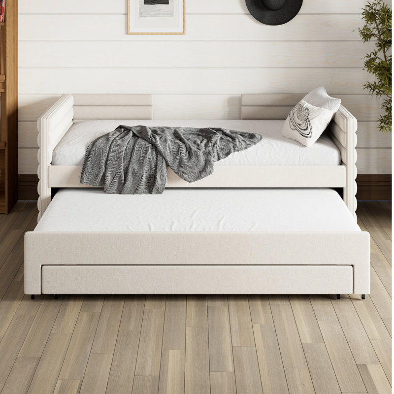 Twin Size Upholstered Daybed With Trundle And 3 Storage Drawers, Short-Haired Linen Fabric Sofa Bed For Guest Room, Living Room, Space-Saving Modern Day Bed Frame, No Box Spring Needed, Beige