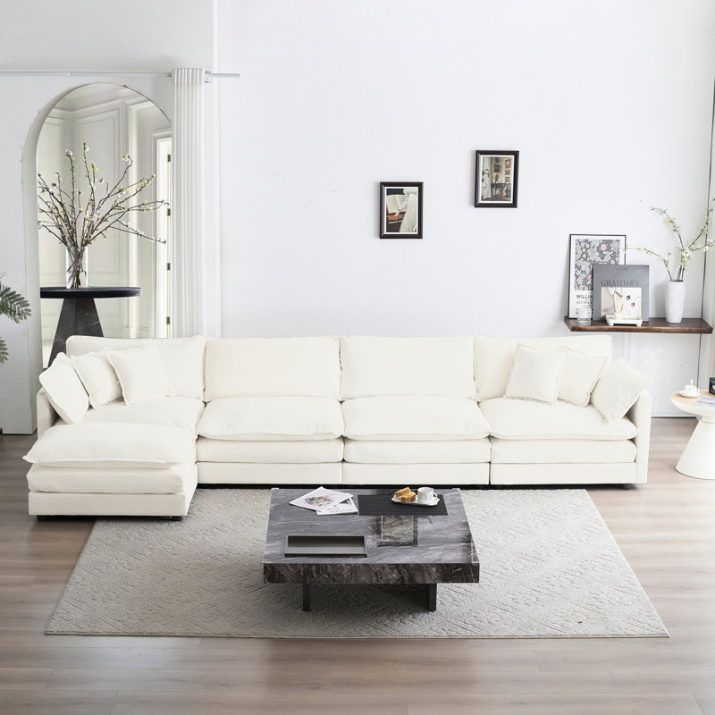 Ensemble de salon modulaire en U à 5 places avec chenille blanche: Chenille