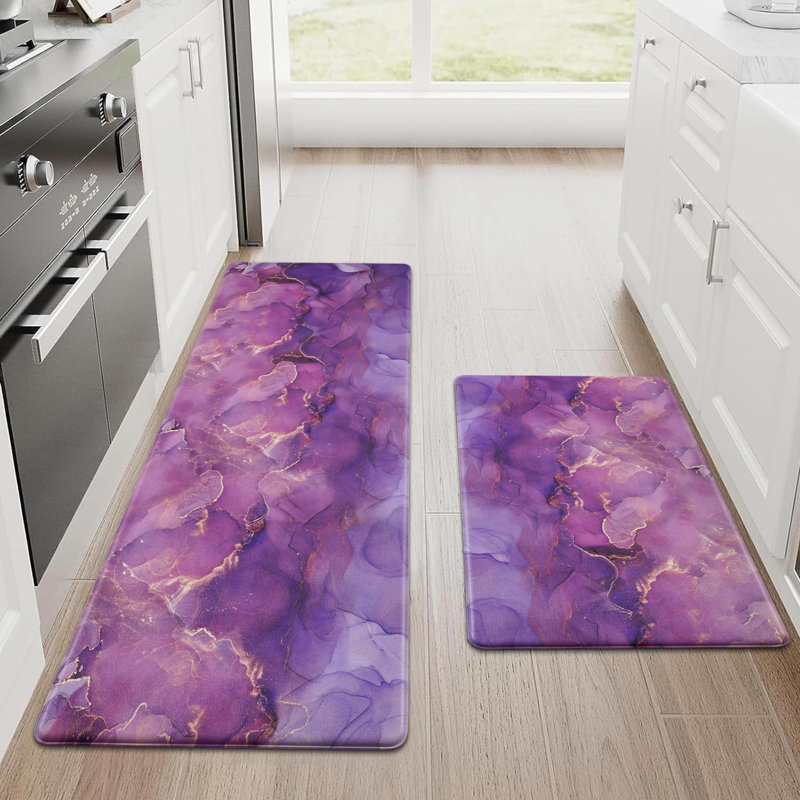 Non Slip Marble Kitchen Rugs Set of 2, Purple