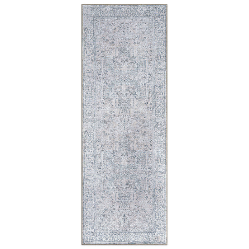 Griffey Oriental Machine Washable Blue/Ivory Non-Slip Backing Area Rug, Runner 2'6" x 7'