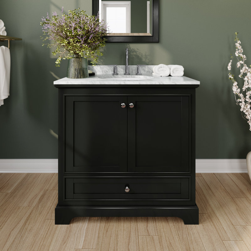 Deborah 36'' Single Bathroom Vanity with Marble Top with Mirror, Dark Espresso, Polished Chrome