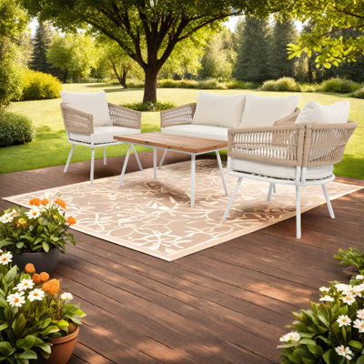Ensembles de salle à manger en corde, table en bois d'acacia et coussins profonds Boho