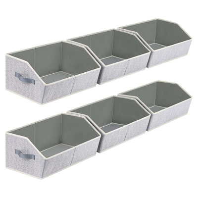6 Pack Closet Organizer Bins – Large Fabric Trapezoid Storage Cubes, Collapsible Shelf Containers, Handles, Light Gray, Clothes Towels Use