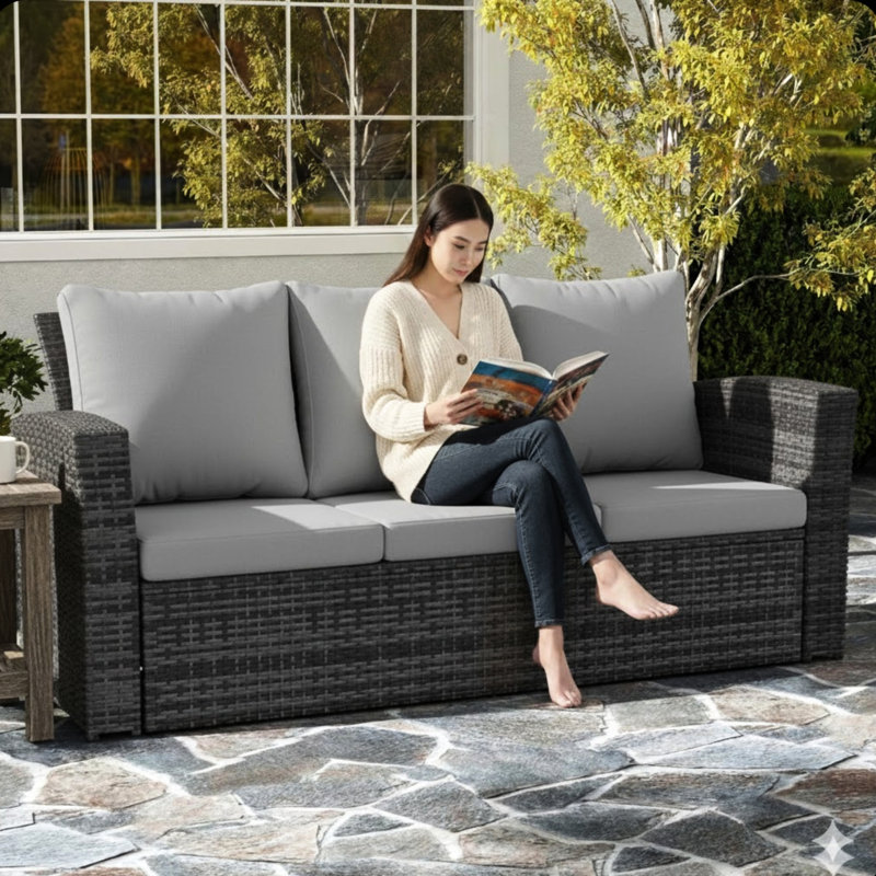 Patio 3 saisons 67,7 po avec coussins gris épais, structure noire, mousse haute et ergonomique