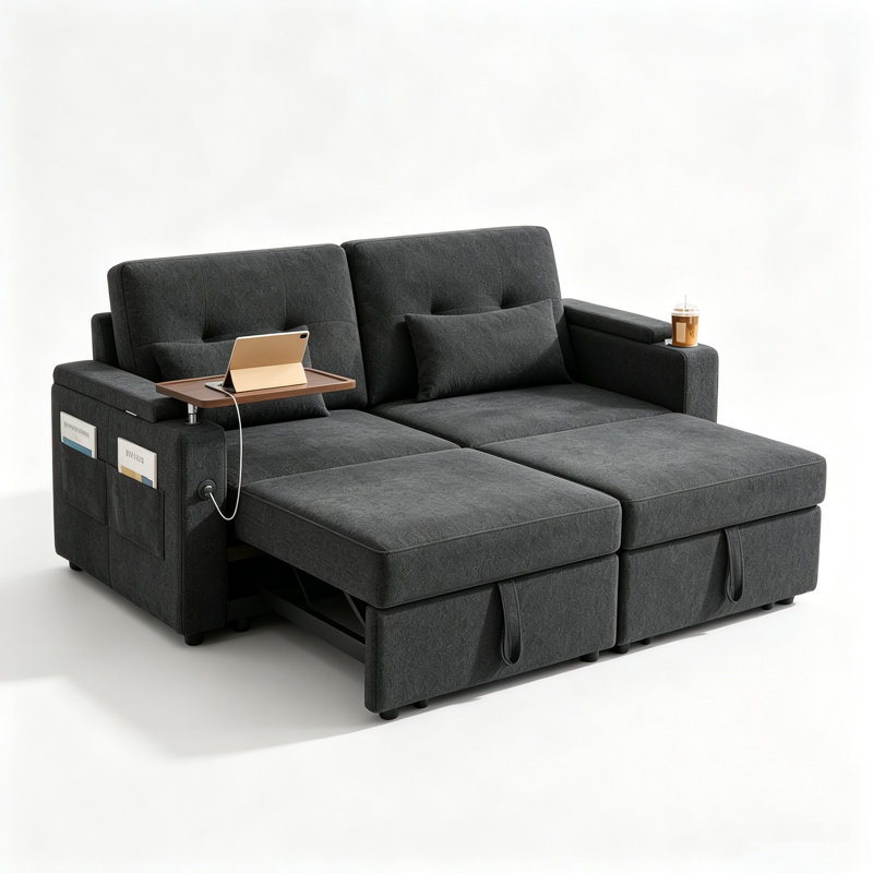 Canapé-lit convertible 3 en 1 de 185 cm (73 po), canapé-lit gigogne avec table d'appoint pivotante à 360°, revêtement en chenille douce, canapé moderne, noir