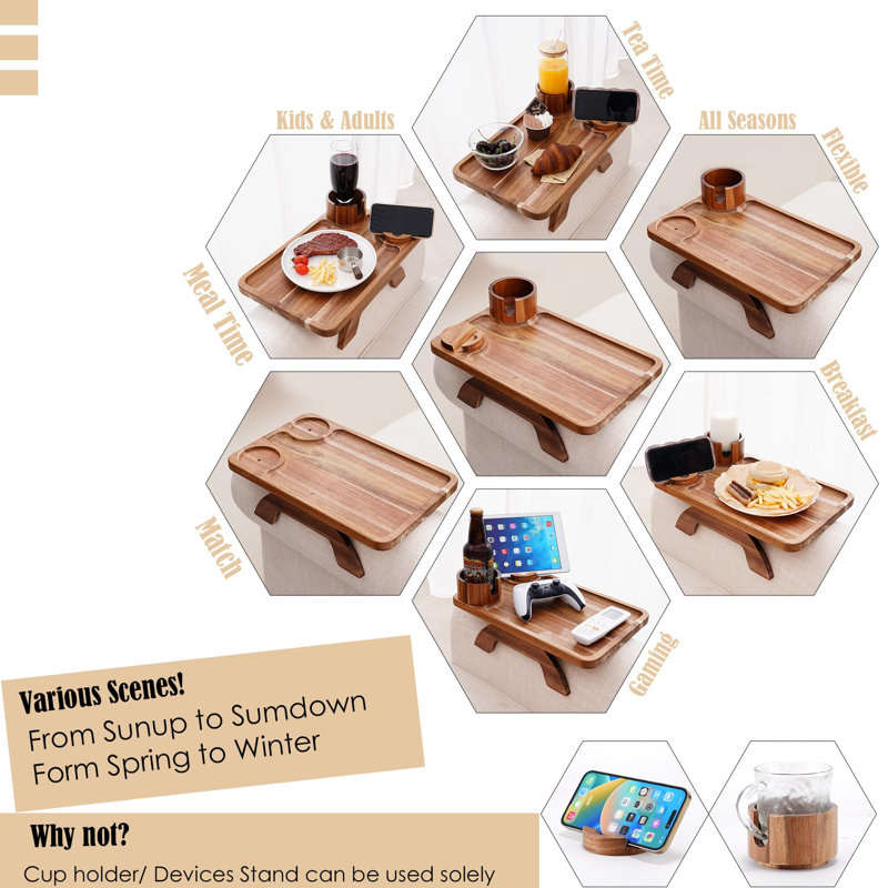 Plateau porte-gobelet pour canapé, table de bout en bois d'acacia 3 en 1 avec support pour téléphone pivotant à 360 ° sur l'accoudoir