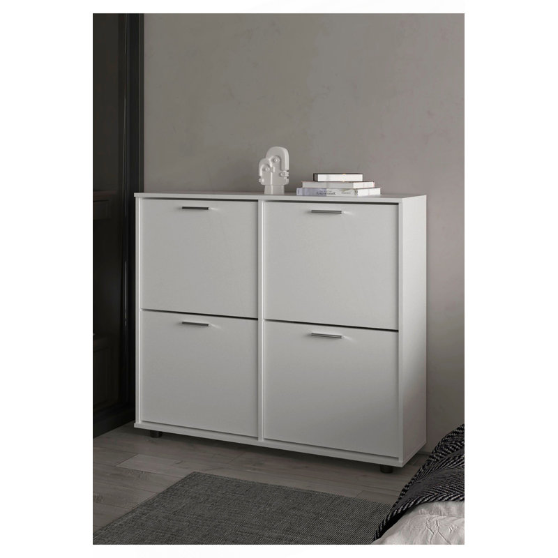 White Tilt-Out Shoe Storage Cabinet With Multiple Compartments And Modern Desig