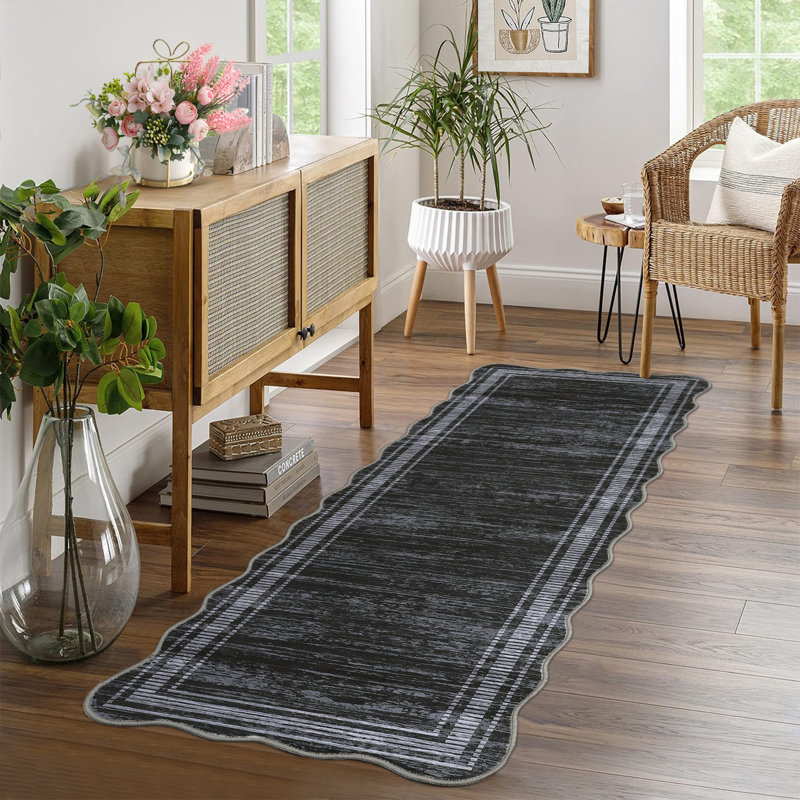 Striped Machine Printed Area Rug, Black, Rectangle 200 x 290 cm