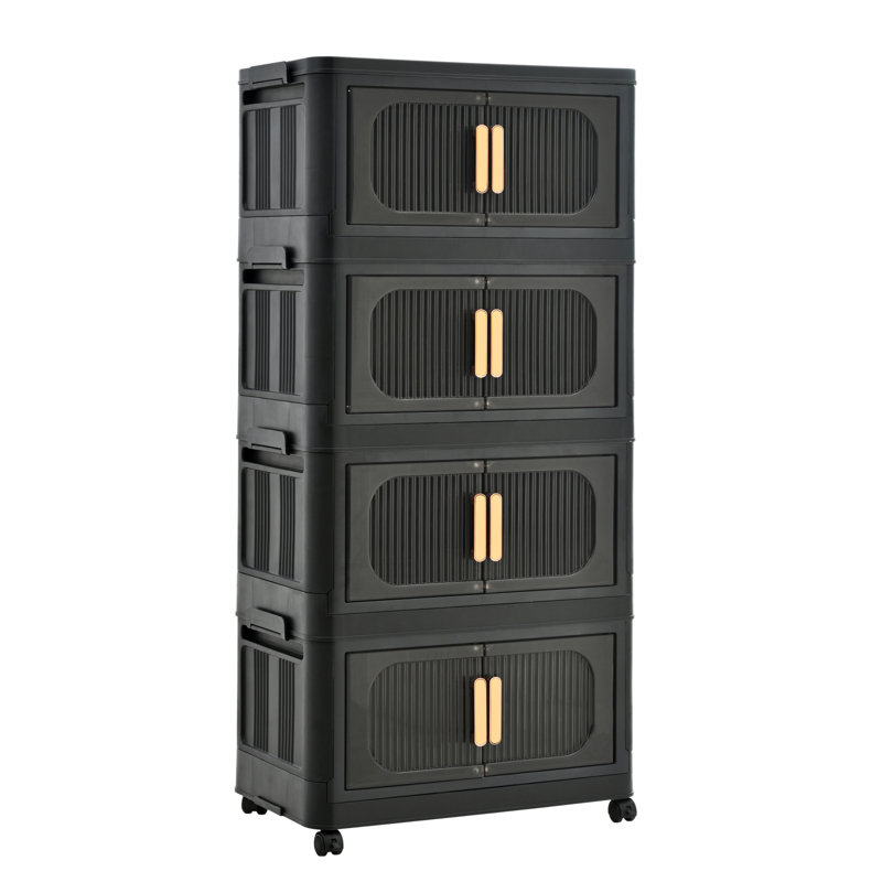 Black,20" Side Wide Folding Storage Cabinet ,4 Tiers,19.69"×11.81"×40.55",Collapsible Storage Bins With Magnetic Door, Plastic Storage Cabinet With Wheels