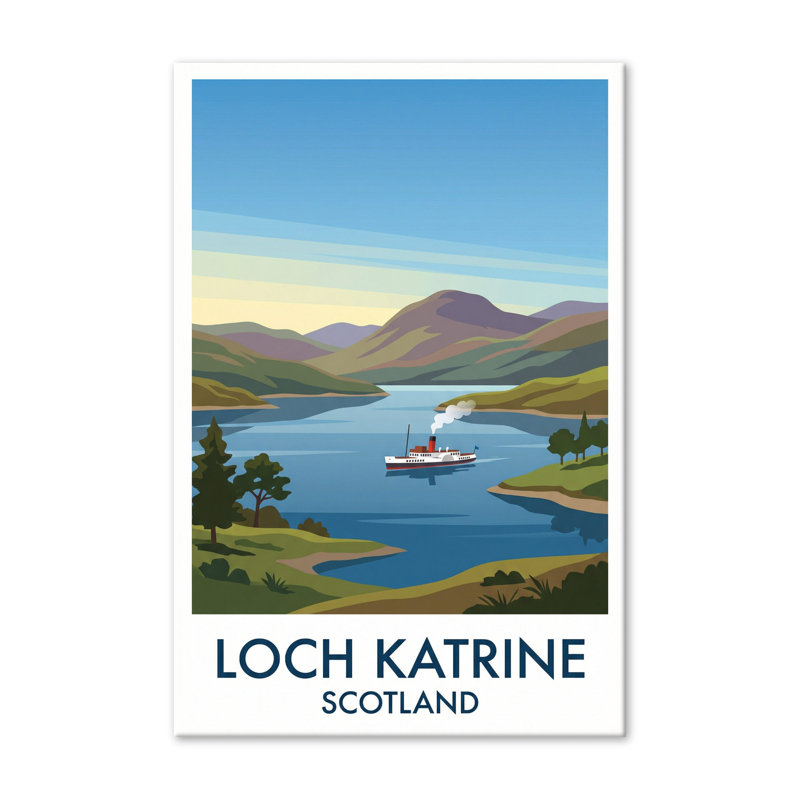 Loch Katrine, Scotland - Romantic Highlands Travel Poster With Steamship. Giclee Print On Wrapped Canvas. Wall Art, Home Decor - Natural Landmarks, Scotland - Wrapped Canvas Print