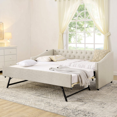 Lit de jour simple avec charge USB et lit extensible escamotable, avec bouton sur le dos et clou en cuivre sur les accoudoirs ondulés (81 po x 42 po x 30,75 po)