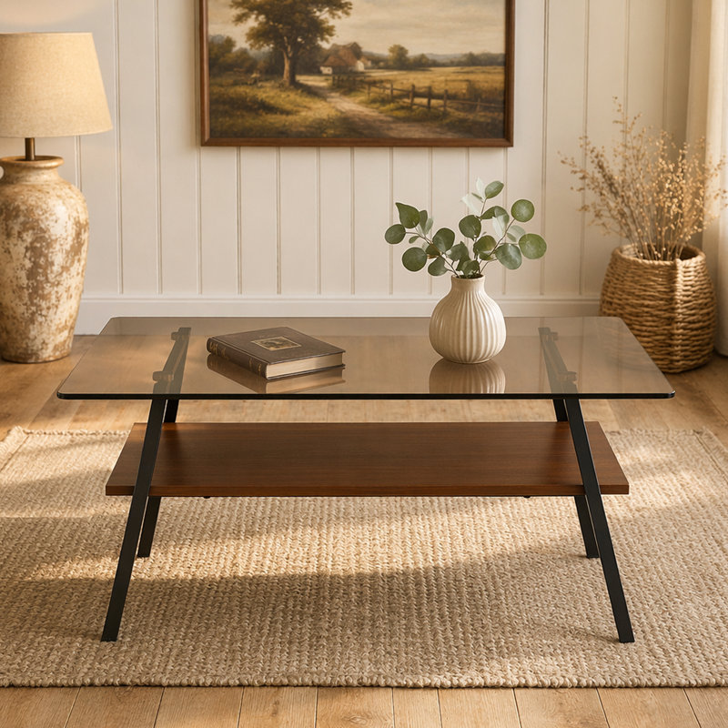 Table basse rectangulaire, plateau de table en verre trempé avec pieds en métal, Brown, Brown/Black