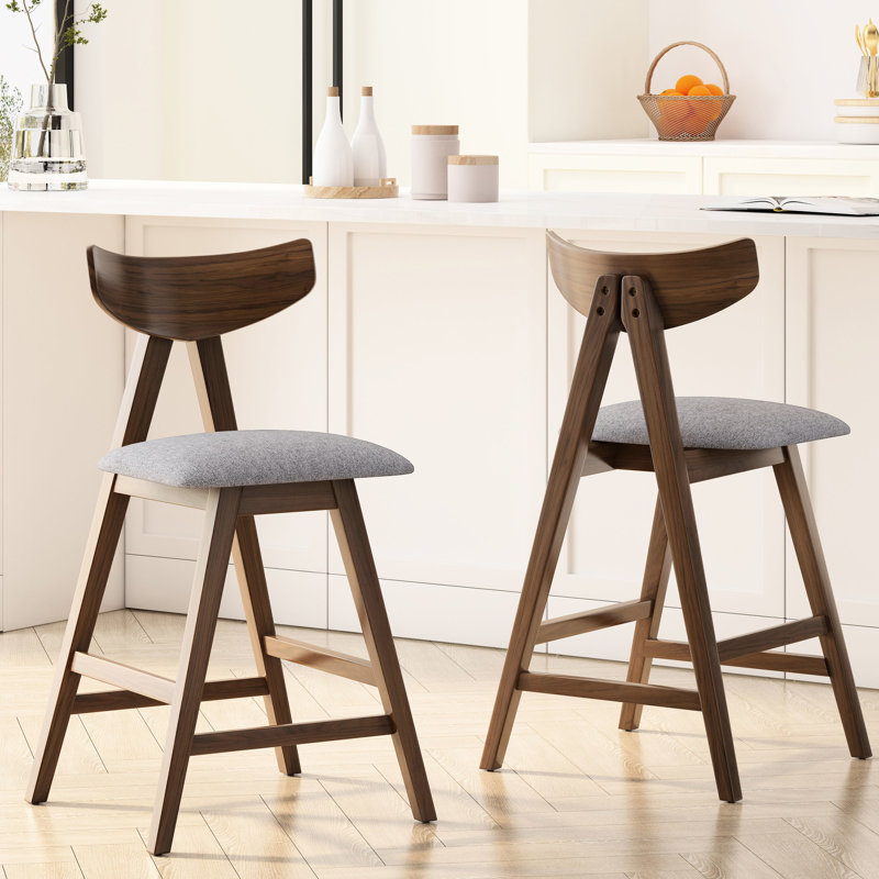 2 tabourets de comptoir rembourrés gris foncé - structure en bois d'hévéa de revêtement Mid-Century