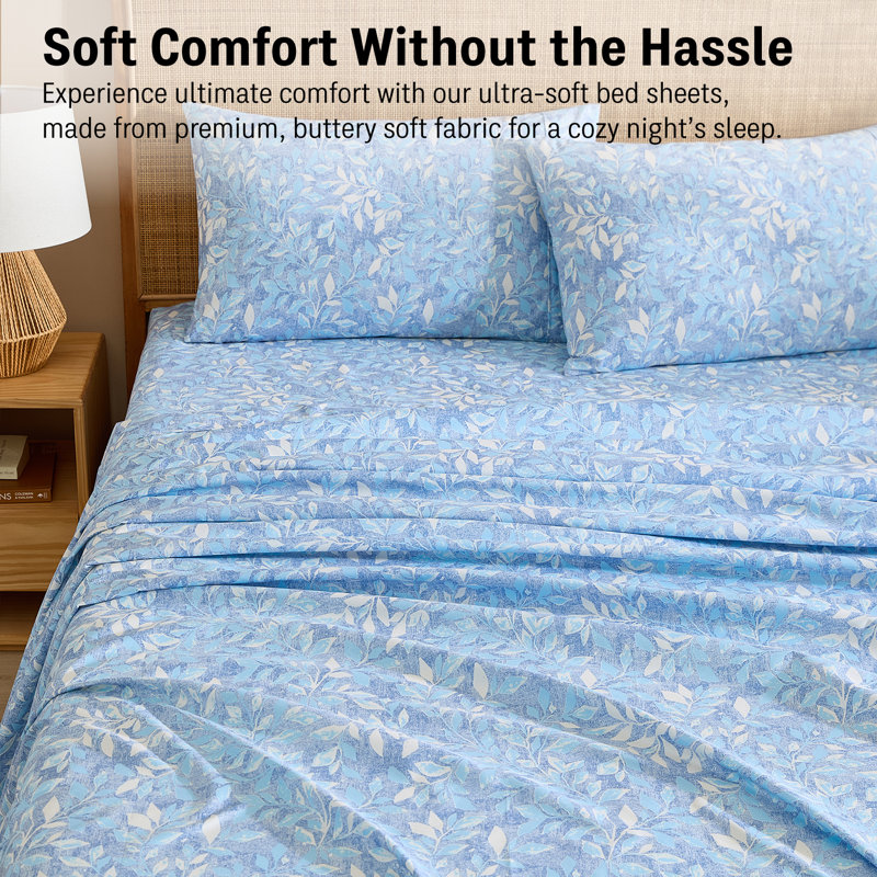 HLC.ME Leaves Printed Floral Bed Sheets - 4 Piece Patterned Bed Sheet Set - Wrinkle Resistant & Soft - Fits Mattresses Up To 15 Inches Deep (King, Blue)