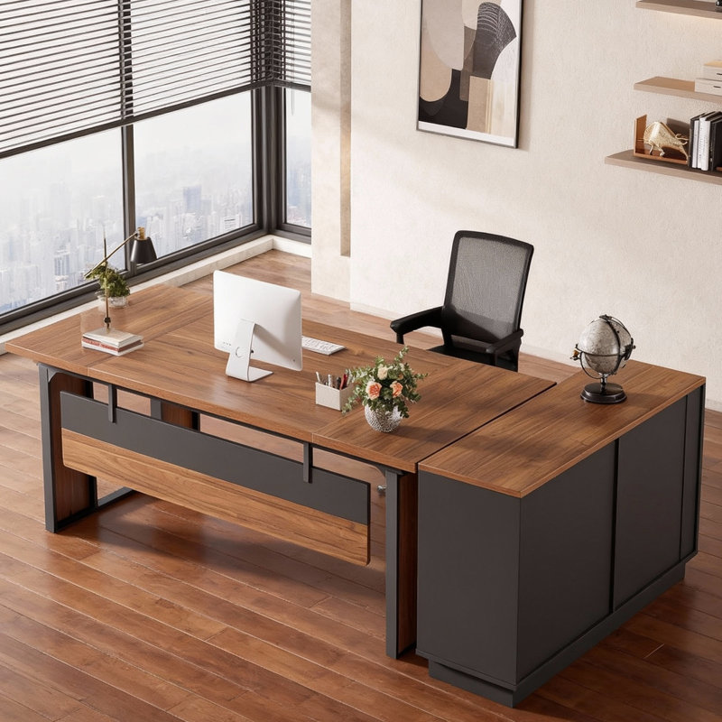 Premium Modern Contemporary L-Shaped Desk Workstation with Heavy-Duty Metal Frame, Premium High-End Furniture