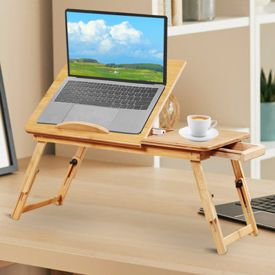 Bureau réglable pour ordinateur portable à plateau de lit en bambou avec pieds pliants, angles inclinables et tiroir intégré, table de travail / déjeuner portable