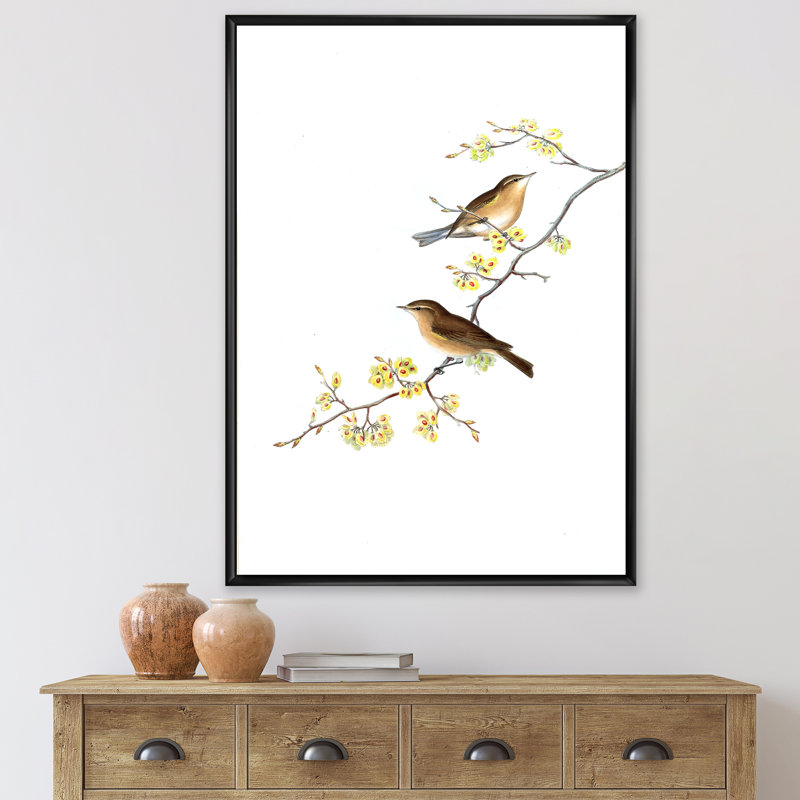 «Little Birds On The Tree Branches II», peinture sur toile, H 32 po x l 24 po x P 1 po, Cadre flottant noir